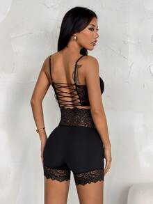SHEIN PETITE Quần short biker cạp cao phối ren tương phản màu đen. - màu đen - Xem 2