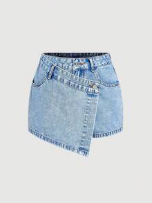 Sweetra Women's Casual Asymmetric Hem Denim Skort - Blue - View 1