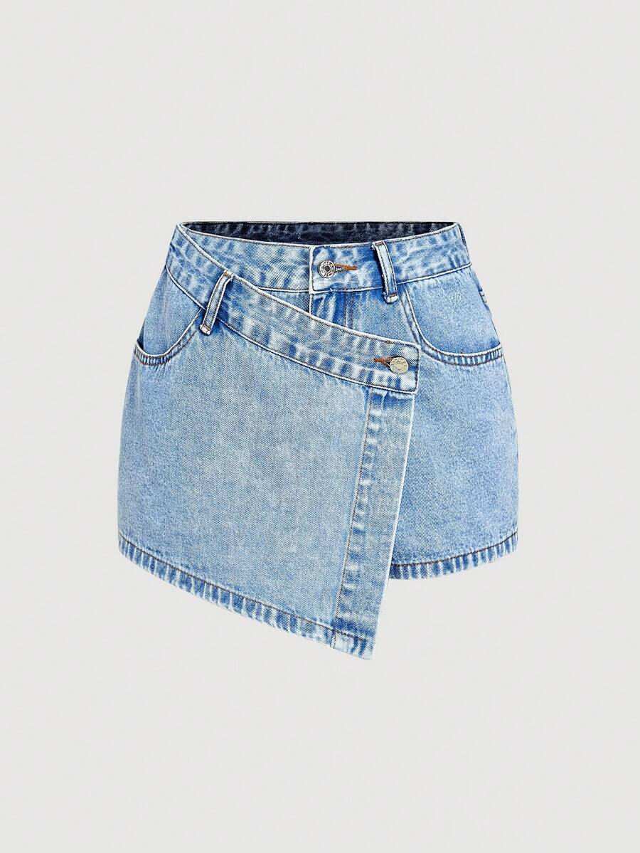 Sweetra Women's Casual Asymmetric Hem Denim Skort - Blue - View 1