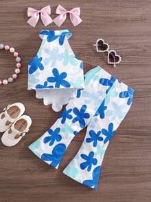 SHEIN Babygirl 2pcs Set, Fashionable Heart Knitted Halter Top And Flare Pants - Multicolor - View 2