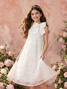 Tween Girls Elegant Floral Pattern Mesh Sequin Dress, Sleeveless Bowknot A-Line Suitable For Party, Wedding, Flower Girl - White - View 6
