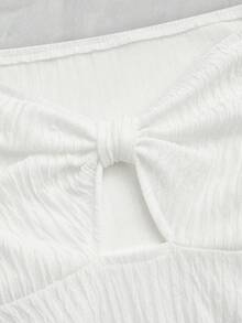 Olithes Summer Cream White Textured Ruffle Blouse, Square Collar Bow Puff Sleeve Cropped Shirt, French Sweet Ruched Hem Fitted Casual Top White Ruffle Dress White Bow Dress White Babydoll Top White Summer Vacation Dress White Dress Curve White Sundress White Babydoll Dress White Summer Dress - White - View 3