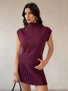 SHEIN Tall Autumn/Winter New High Collar Knit Top + Knitted Blend Midi Skirt 2 Pieces Set For Women Christmas Red Burgundy - Red - View 3