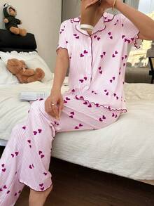 Dream Adore Striped Heart Print Romantic Casual Pajama Set - Purple - View 5