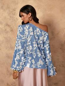 Rafferiza 女士亮片装饰不对称肩部长袖优雅衬衫 - 藍色 - 查看 2