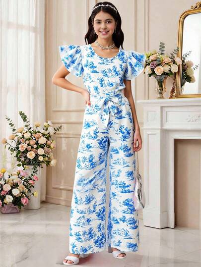 SHEIN ChillGRL Teen Girls Elegant Floral Print Cap Sleeve Jumpsuit, Suitable For Daily Commute, Casual, Vacation, And Gatherings