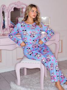 SweetSlumber Cute Rabbit & Heart Print Round Neck Long Sleeve Women Pajama Set - Multicolor - View 4