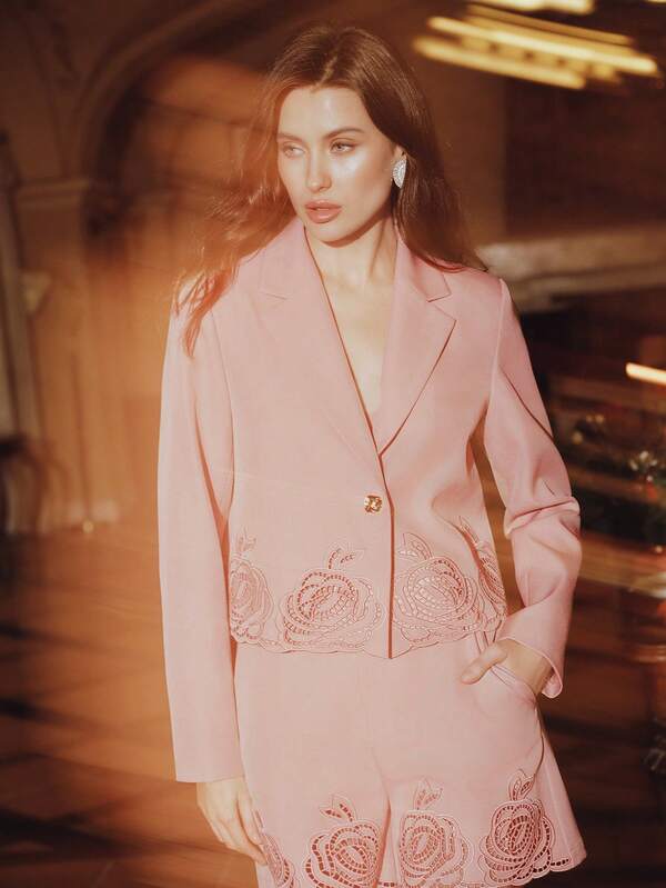  Anewsta 女士优雅高端刺绣正式西装外套，修身剪裁，适合派对、宴会、正式场合