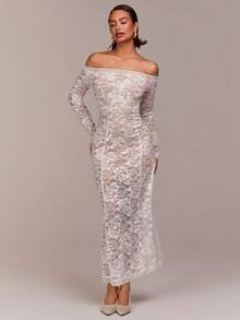 COSMINA 女士优雅露肩蕾丝半透明连衣裙，情人节、派对、春季、约会、度假皆宜 - 奶油色 - 查看 3