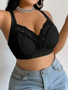 DesireSculpt 1pc Plus Size Lace Patchwork Wireless Bra - Black - View 3