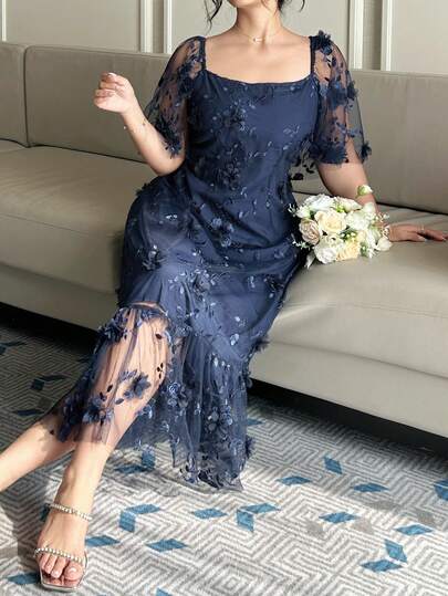 Dazy Plus Robe grande taille femme avec manches à volants 3D floraux et taille cintrée, bleue, pour fête/événement, printemps/été