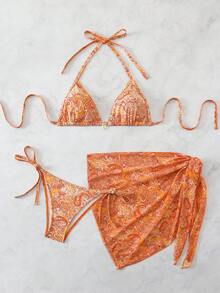 Swim Vcay Women's Retro Paisley Print 3-Piece Bikini Set, New 2026 Spring/Summer Collection, Sunbathing, Beach Party, Vacation, Swimwear - Multicolor - View 3