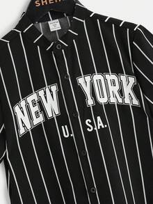 SHEIN Tween Boy Summer Casual Striped Letter Print Front Button Short Sleeve Shirt - Black - View 4