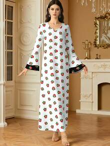 SHEIN Najma Đầm nữ thanh lịch cổ chữ V hai lớp tay loe in họa tiết hoa lá, thích hợp cho mùa xuân/thu. - Nhiều màu - Xem 3