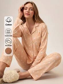 Loomlin Women 2pcs Button Front With Heart Pattern Detail Homewear Pajama Set Heart Pajama Set Long Sleeve Pj Set Soft Pajamas Set Women's Pajama Set - Multicolor - View 1