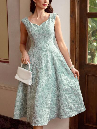 Vintamour Vintage Elegant Women's Dress With Pockets, Jacquard Texture Heart Neckline, Casual Holiday Party Dress