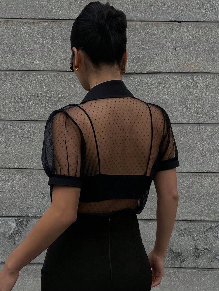 Casual Business Sheer Mesh Fitted Chiffon Blouse, Minimalist Short Sleeve Women Shirt Summer