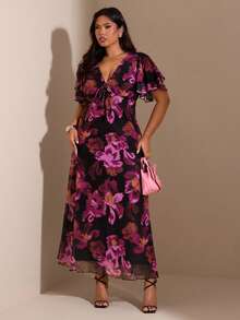 SHEIN BAE Plus Size Women Purple Floral Ruffle Sleeve Dress,Christmas,Dresses For Woman	,Christmas Outfit Women,Christmas Party Dress,Thanksgiving Outfit Women,Sexy Dress,Dresses For Ladies,Formal Dress Plus Size,Curves Women Clothing,Christmas Outfit Women,Wedding Guest Dress ,Summer,Women's New Year's Eve Dresses,Elegant Dresses For Party,Graduation ,Vacation,Birthday Party Dress,Cocktail Party Dress,Purple Dress,Winter ,Spring,Summer,Christmas ,New Year,Party ,Elegant,Casual Dresses For Women,Vacation Outfits Women ,Valentine's Day,Wedding, Birthday, Formal,Wedding, Birthday, Formal, Floral Dress Women Elegant, Women Vacation Dress, Long Dresses - Purple - View 3