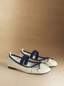 Mnmlis Navy Blue Lace-Up Canvas Mary Jane Shoes, Bow Tie Design, Fresh French Girl Retro Mary Jane Canvas Shoes, Suitable For Commuting And Dating With A Light Sweet Vibe - Beige - View 3