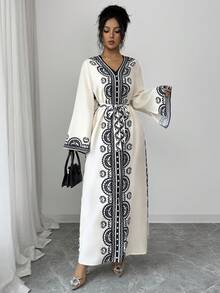 Rafferiza Women's Elegant V-Neck Printed Waist Cinched Long Dress - Multicolor - View 3