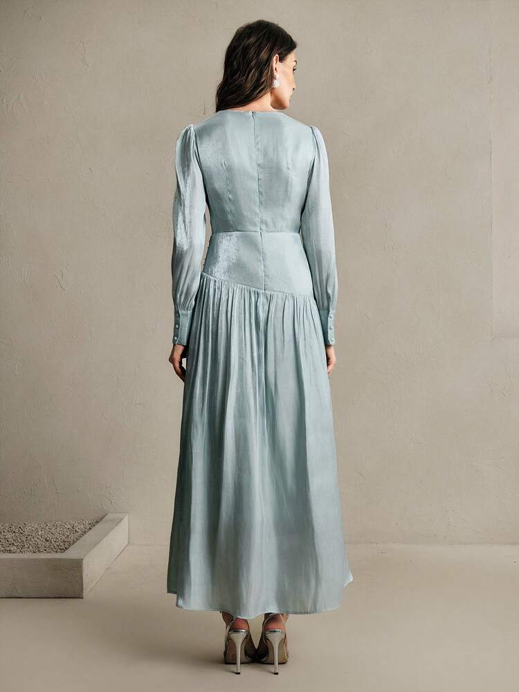 Women's New Arrival Long Sleeve Rhinestone Embellished Elegant Maxi A-Line Mint Green Dress, Spring/Summer, Suitable For Valentine's Day