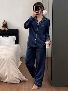 Napfluff Conjunto de pijama de pantalón y cárdigan de manga larga, cómodo y casual para mujer - Azul Marino - Ver 5