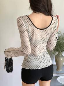 FRIFUL Women's Sheer Polka Dot Mesh Layered U-Neck Backless Slit Sleeve Slim Fit Blouse, Suitable For Spring - Beige - View 9