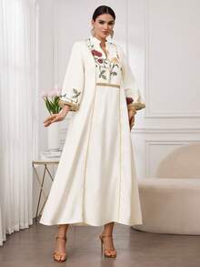 Al Najma Đầm Abaya dài tay cổ đứng thêu hoa vintage dành cho nữ, viền vàng. - trắng - Xem 6