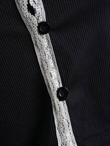 Elamini 四季皆宜的圆领蝴蝶结针织拼接撞色修身短裙 + 黑色针织白色蕾丝边撞色长袖开衫 女士两件套 - 黑色 - 查看 6