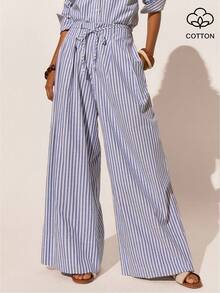 Poéselle 女士休闲通勤条纹侧袋宽松阔腿裤，秋季款 - 藍白色 - 查看 2