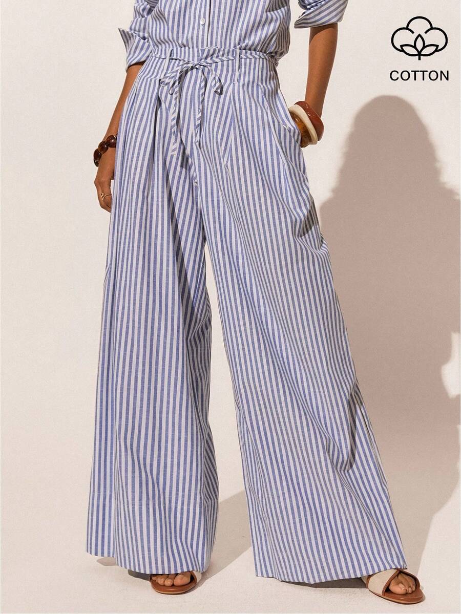 Poéselle 女士休闲通勤条纹侧袋宽松阔腿裤，秋季款