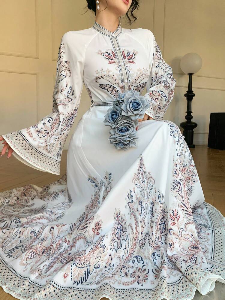 Women's Mandarin Collar Printed Bohemian Style Waist Cinched Dress, Elegant Sundress