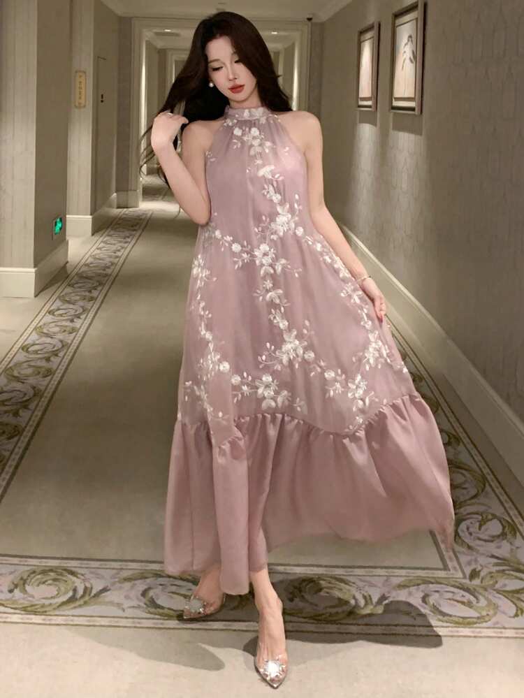 Women's Sleeveless Floral Lace Patchwork Dress, Elegant Sundress