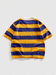 ROMWE MEN Men's Contrast Stripe Embroidered Knit Polo Shirt - Multicolor - View 2