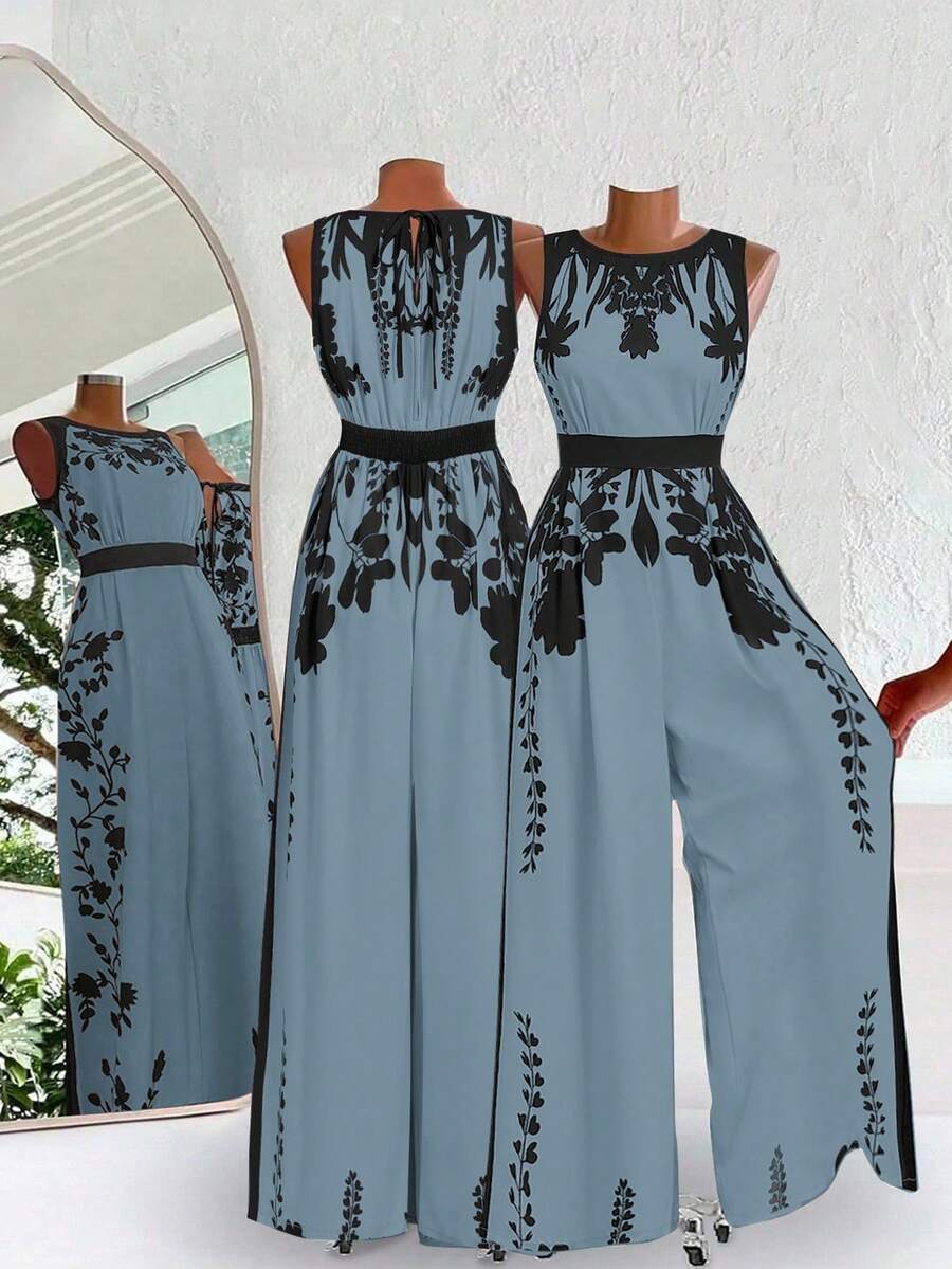 SHEIN Clasi Women's Elegant Backless Jumpsuit, Loose Fit Colorblock Printed Romper - Mint Blue - View 1