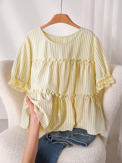 CosyJoli Plus Size Women Casual Loose Fit Short Sleeve Top, Spring/Summer Yellow Babydoll Top Summer Tops Yellow Summer Casual Tops Blouse Summer Modest Summer Top Spring/Summer Elegant Blouse For Women Casual Vacation Blouse For Women