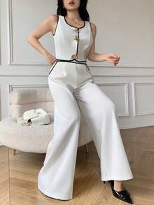 Celisse Women's Contrast Trim Round Neck Tank Top And Pants Elegant 2 Pieces Set - Beige - View 3