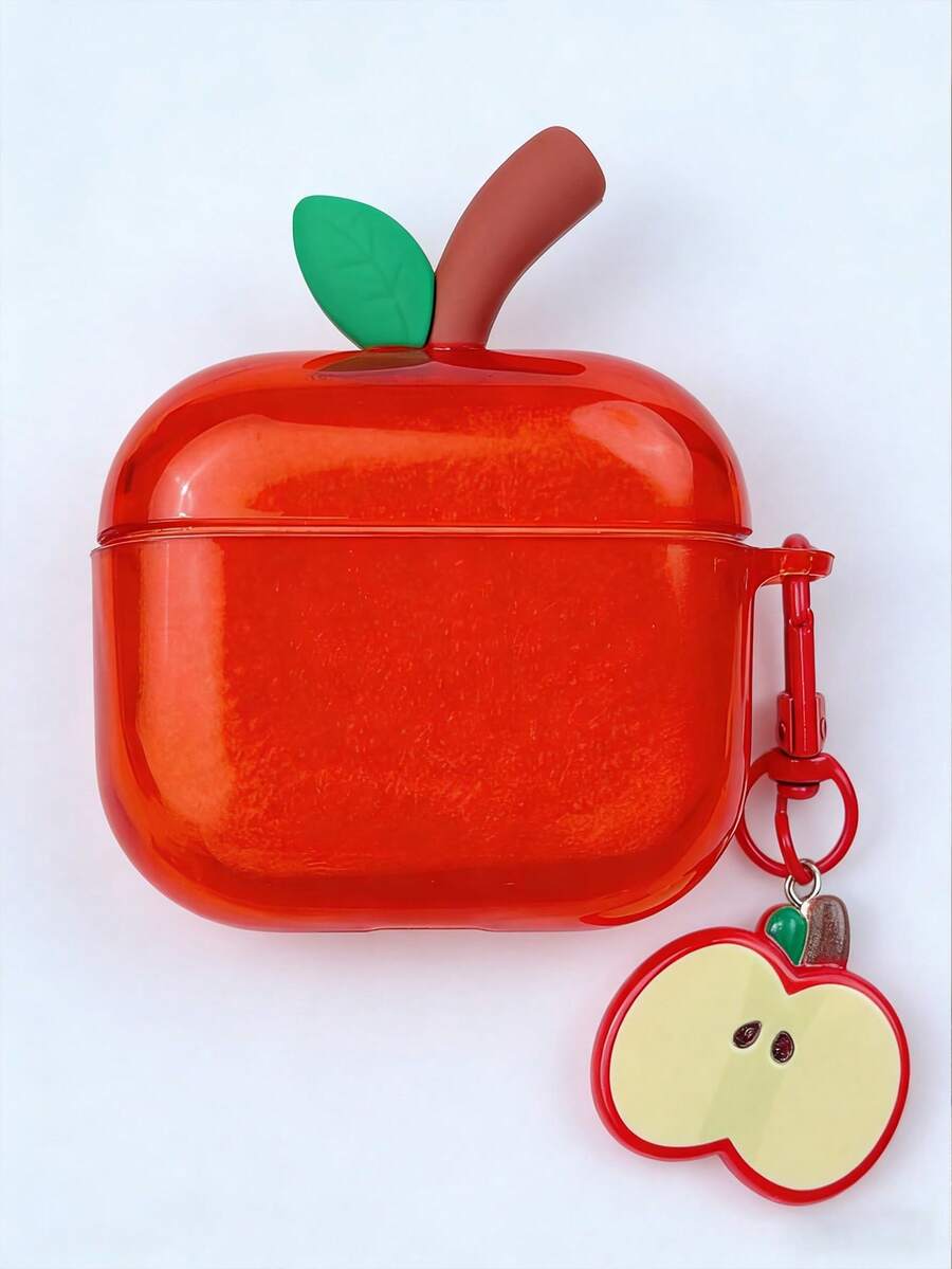 苹果图案半透明可爱3D保护壳，适用于 Pro 3/Pro 2/3代蓝牙耳机，兼容 2/4代 - 紅色 - 查看 1