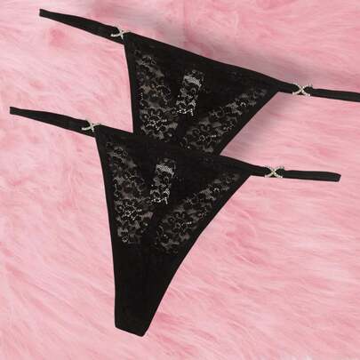 Set 2 Tanga de Encaje color Negro con brillo para toda ocasión