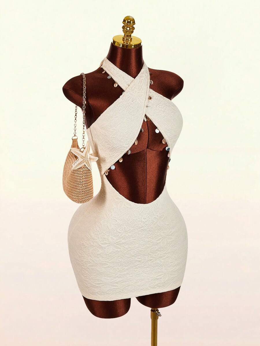 Amplova 浪漫度假派对复古交叉蕾丝贝壳吊带迷你连衣裙（女款） - 彩色 - 查看 1