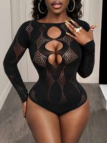 BamGleam Women's Sexy Hollow-Out High Stretch Sheer Bodysuit - Black - View 3