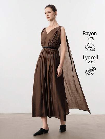 Aalyst 女士纯色V领腰带撞色蝴蝶结褶皱A字无袖露背长裙，优雅法式复古正式办公通勤商务休闲假日下午茶街头风简约百搭复古澳式休闲派对情人节春夏新款