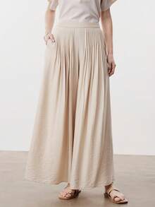 Aalyst 女士夏季休闲裤，优雅褶裥腰身设计，阔腿裤型，亚麻质感，卡其色，适合外出、婚礼、职场、浪漫假期等场合。 - 卡其色 - 查看 3