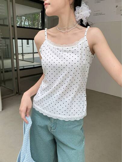K-Vae Loose Polka Dot Lace Trim Camisole For Women, Korean Style