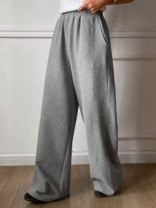 DAZY 女士宽松纯色阔腿裤，松紧腰休闲运动裤，春秋季 - 灰色 - 查看 5