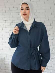 Livesso Women's Western Style Solid Color Tie-Up Loose Turndown Collar Long Sleeve Casual Denim Blouse, Spring & Summer - Blue - View 3