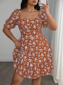 Elenzga 大码女式优雅法式蓝白碎花双层荷叶边短袖连衣裙，夏季 - 彩色 - 查看 6