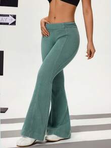 Flexra 女士纯色低腰修身喇叭牛仔裤 - 綠色 - 查看 5