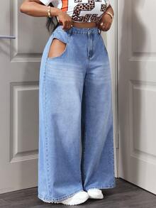 Slaydiva Jeans anchos de pierna ancha, de cintura suelta, de moda casual y de uso diario para mujer de talla grande - Lavado ligero - Ver 4
