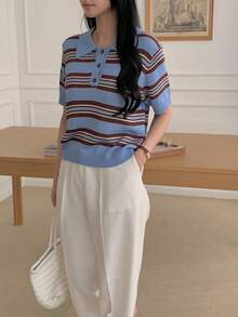 DAZY Women's Polo Collar Short Sleeve Striped Casual Pullover Sweater - Blue - View 6